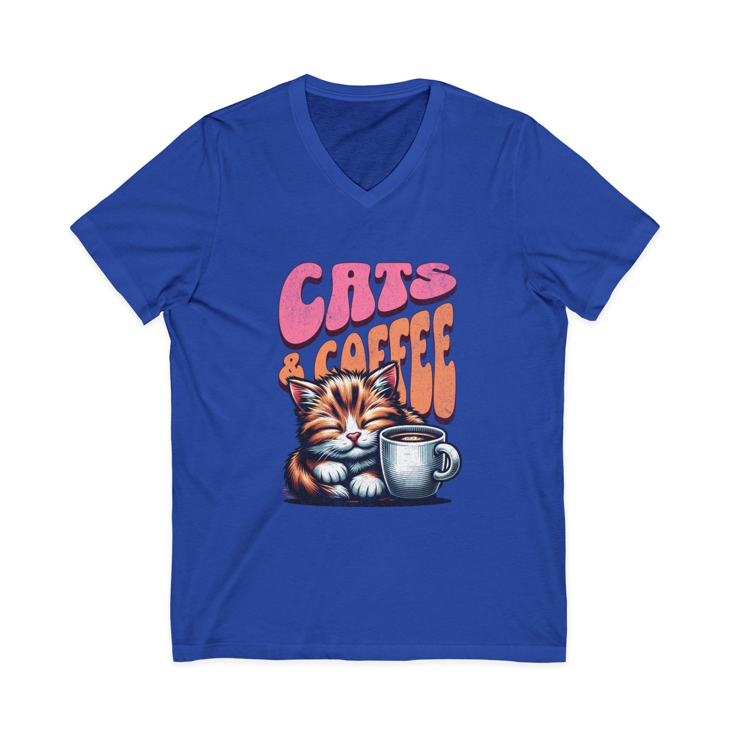 Cute Cat & Coffee Tee, Cat Lover Gift, Unisex V-Neck T-Shirt, Relaxed Vibe, Perfect for Coffee Lovers, Gift for Cat Parents
