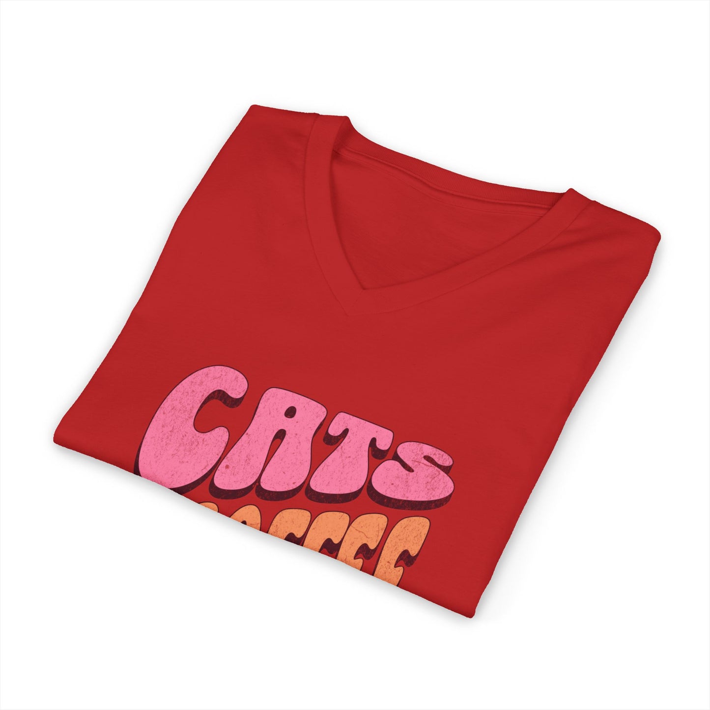 Cute Cat & Coffee Tee, Cat Lover Gift, Unisex V-Neck T-Shirt, Relaxed Vibe, Perfect for Coffee Lovers, Gift for Cat Parents