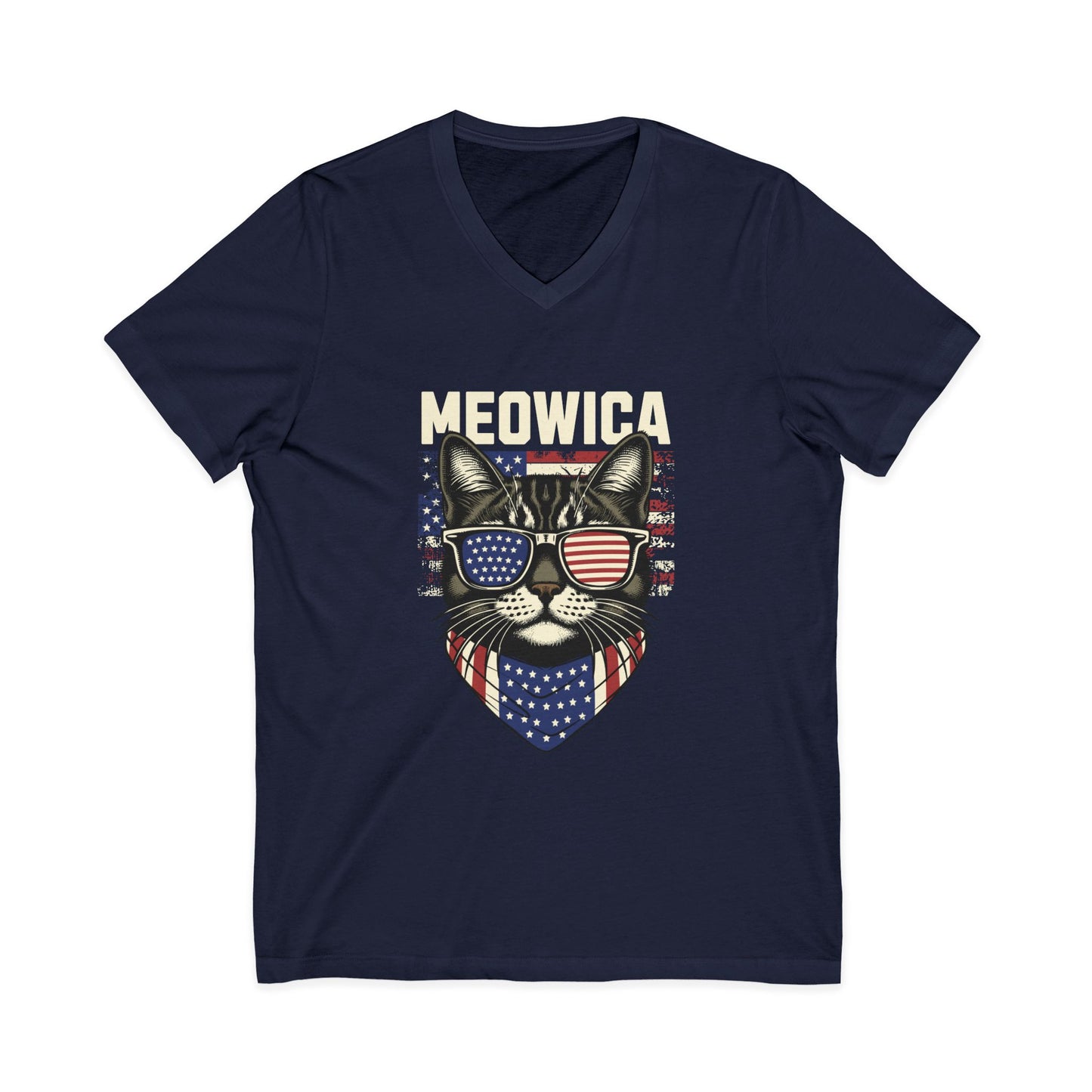 Patriotic Cat V-Neck Tee, Fun Animal T-Shirt, Unisex Style, Perfect for Fourth of July, Gift for Cat Lovers, Casual Summer Wear