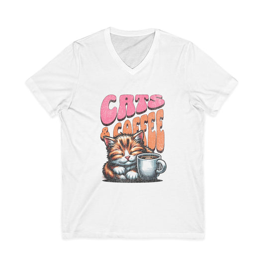 Cute Cat & Coffee Tee, Cat Lover Gift, Unisex V-Neck T-Shirt, Relaxed Vibe, Perfect for Coffee Lovers, Gift for Cat Parents