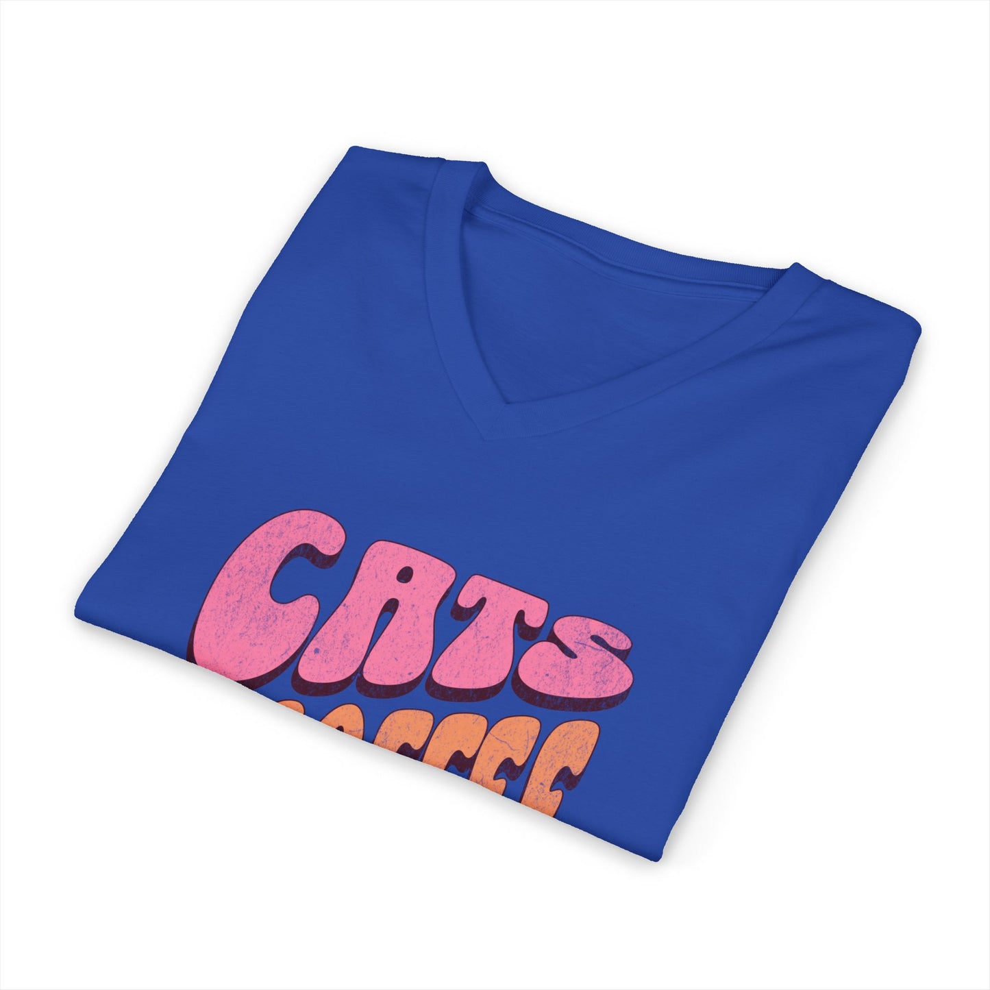 Cute Cat & Coffee Tee, Cat Lover Gift, Unisex V-Neck T-Shirt, Relaxed Vibe, Perfect for Coffee Lovers, Gift for Cat Parents