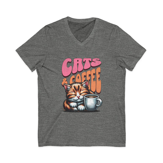 Cute Cat & Coffee Tee, Cat Lover Gift, Unisex V-Neck T-Shirt, Relaxed Vibe, Perfect for Coffee Lovers, Gift for Cat Parents