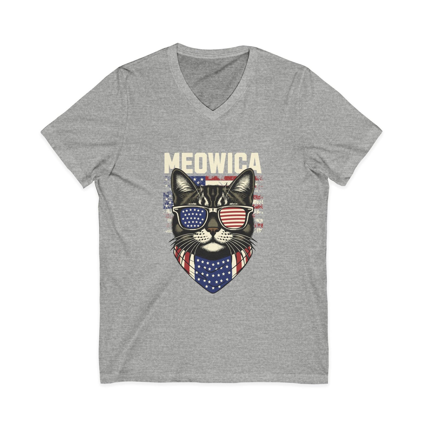 Patriotic Cat V-Neck Tee, Fun Animal T-Shirt, Unisex Style, Perfect for Fourth of July, Gift for Cat Lovers, Casual Summer Wear