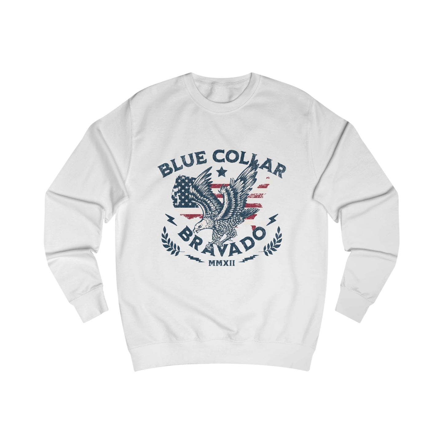 Unisex Sweater with Bold 'Blue Collar Bravado' Design, Casual Wear, Gift for Workers, Motivational Apparel, Patriotic Style