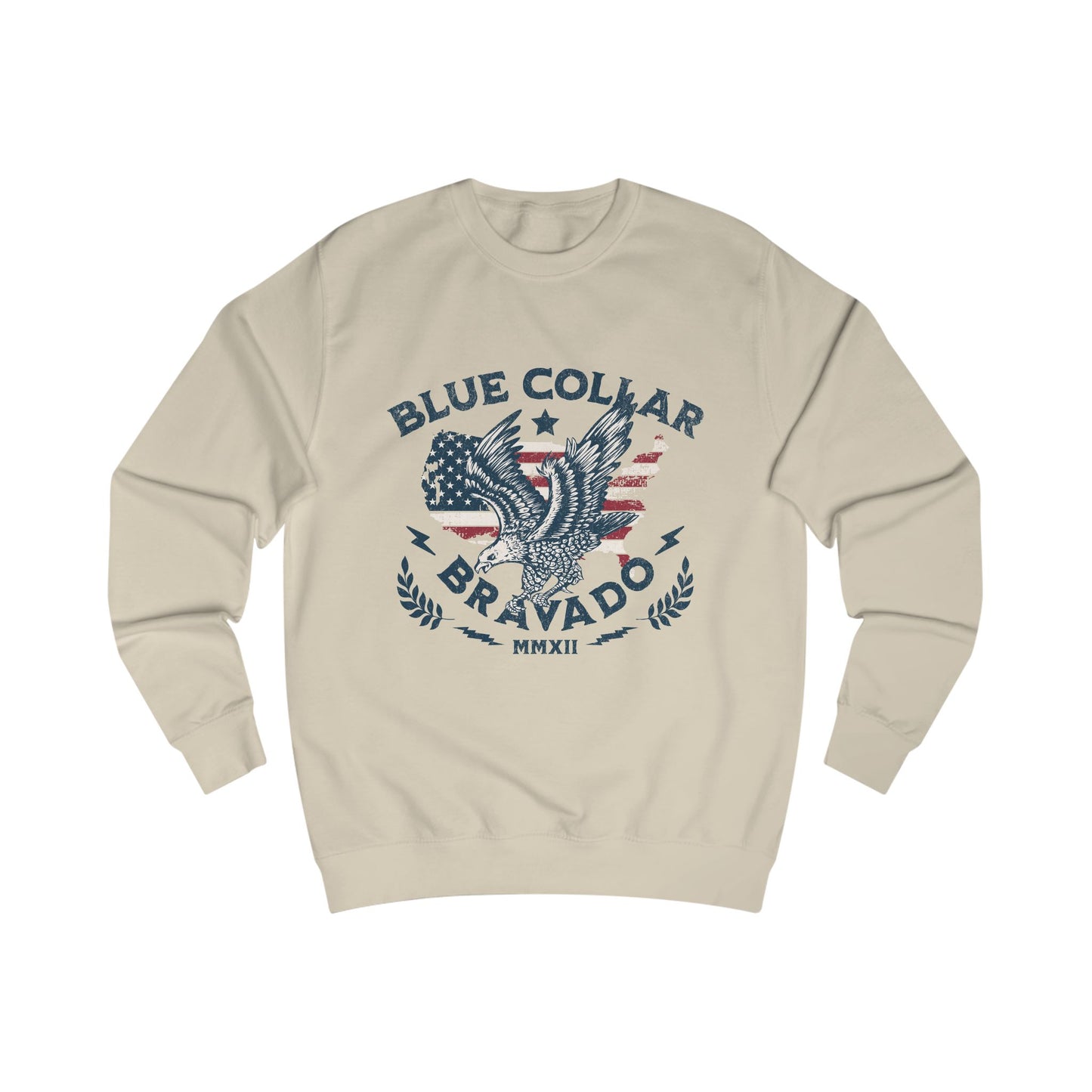 Unisex Sweater with Bold 'Blue Collar Bravado' Design, Casual Wear, Gift for Workers, Motivational Apparel, Patriotic Style