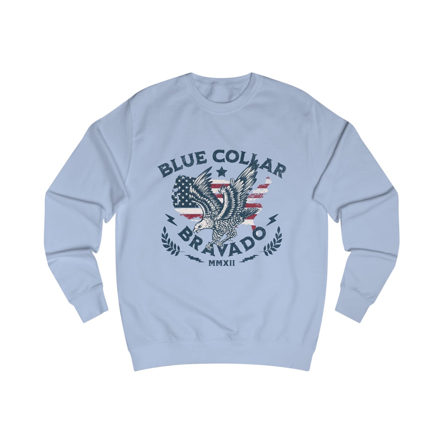 Unisex Sweater with Bold 'Blue Collar Bravado' Design, Casual Wear, Gift for Workers, Motivational Apparel, Patriotic Style