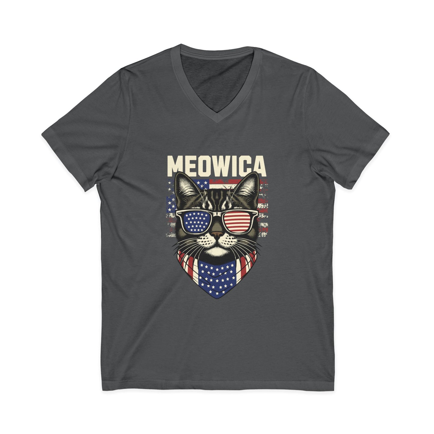 Patriotic Cat V-Neck Tee, Fun Animal T-Shirt, Unisex Style, Perfect for Fourth of July, Gift for Cat Lovers, Casual Summer Wear