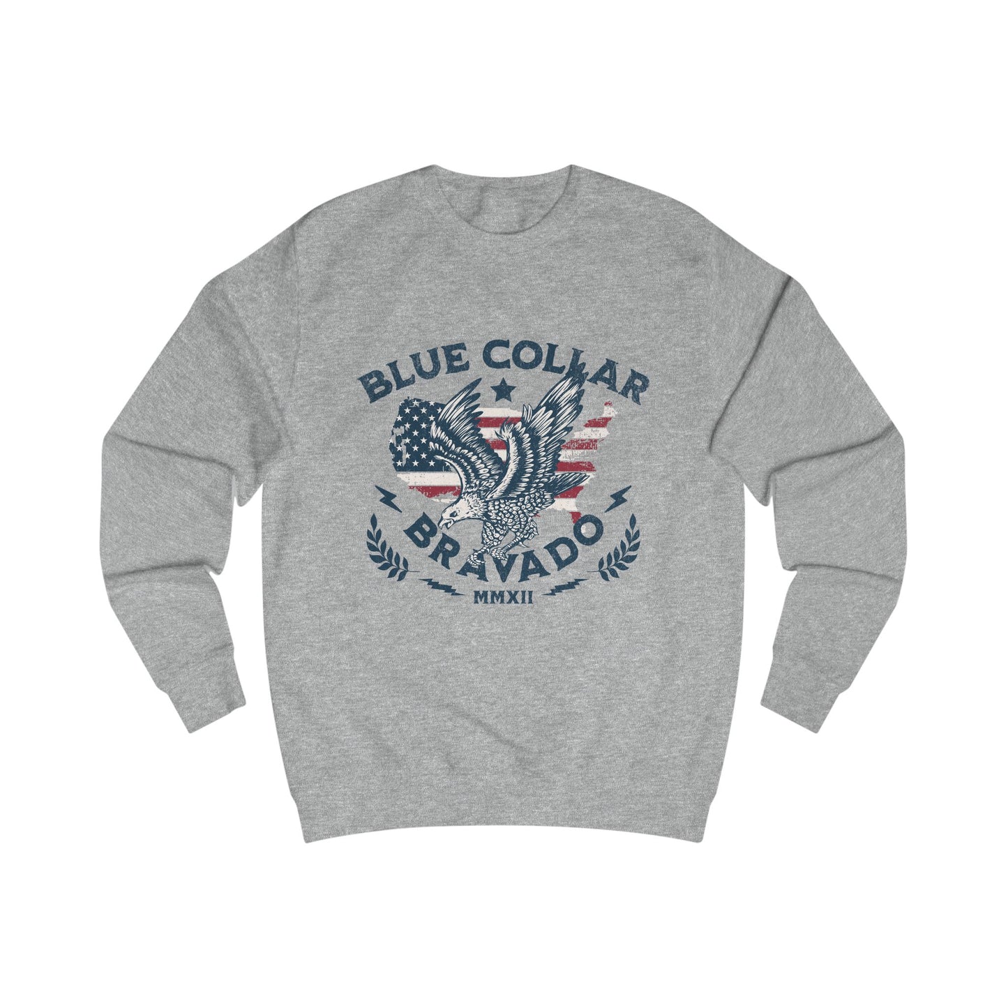 Unisex Sweater with Bold 'Blue Collar Bravado' Design, Casual Wear, Gift for Workers, Motivational Apparel, Patriotic Style