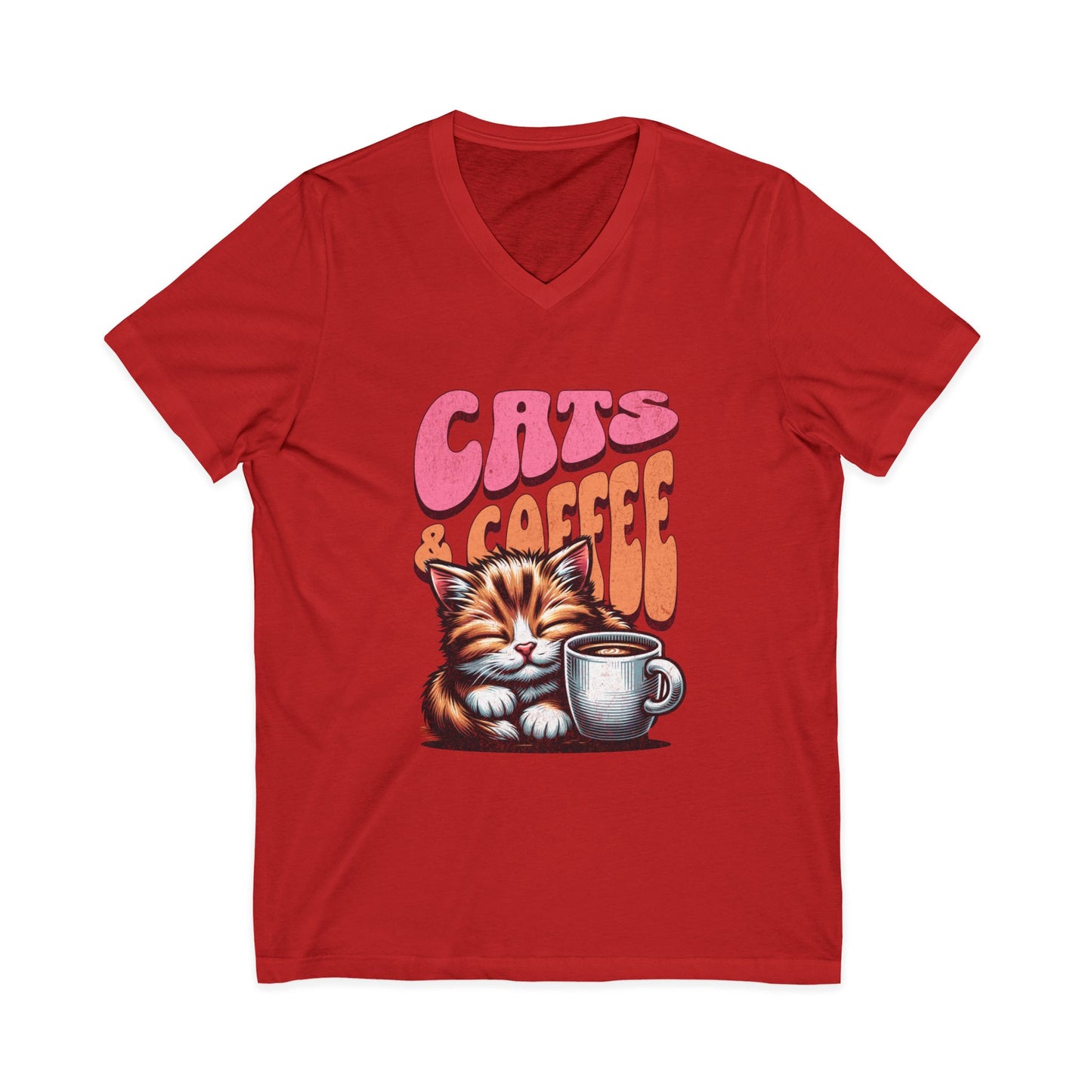 Cute Cat & Coffee Tee, Cat Lover Gift, Unisex V-Neck T-Shirt, Relaxed Vibe, Perfect for Coffee Lovers, Gift for Cat Parents