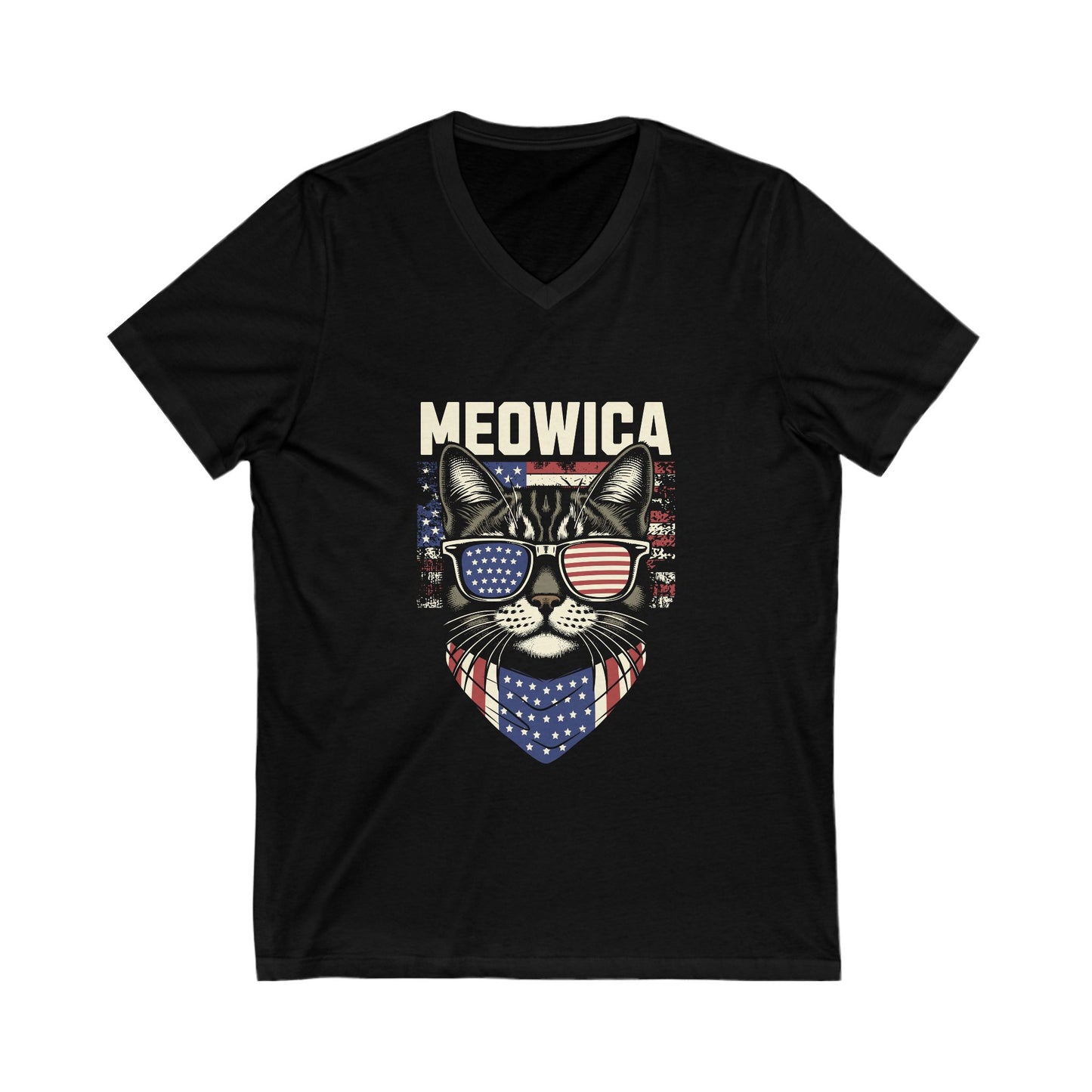 Patriotic Cat V-Neck Tee, Fun Animal T-Shirt, Unisex Style, Perfect for Fourth of July, Gift for Cat Lovers, Casual Summer Wear