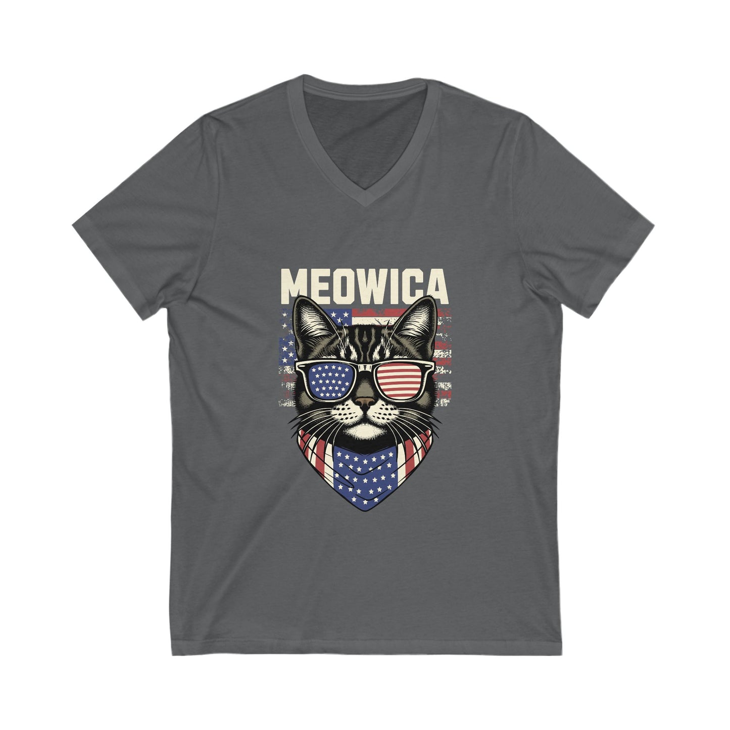 Patriotic Cat V-Neck Tee, Fun Animal T-Shirt, Unisex Style, Perfect for Fourth of July, Gift for Cat Lovers, Casual Summer Wear