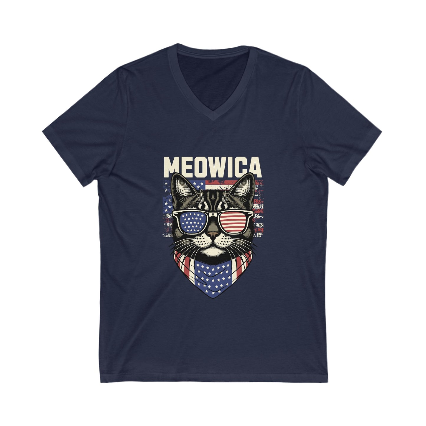 Patriotic Cat V-Neck Tee, Fun Animal T-Shirt, Unisex Style, Perfect for Fourth of July, Gift for Cat Lovers, Casual Summer Wear