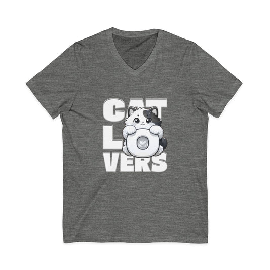 Adorable Cat Lovers Unisex Jersey V-Neck Tee, Cute Cat Shirt, Gift for Cat Owners, Pet Lover Apparel, Casual Everyday Wear, Cat-Themed Fashion