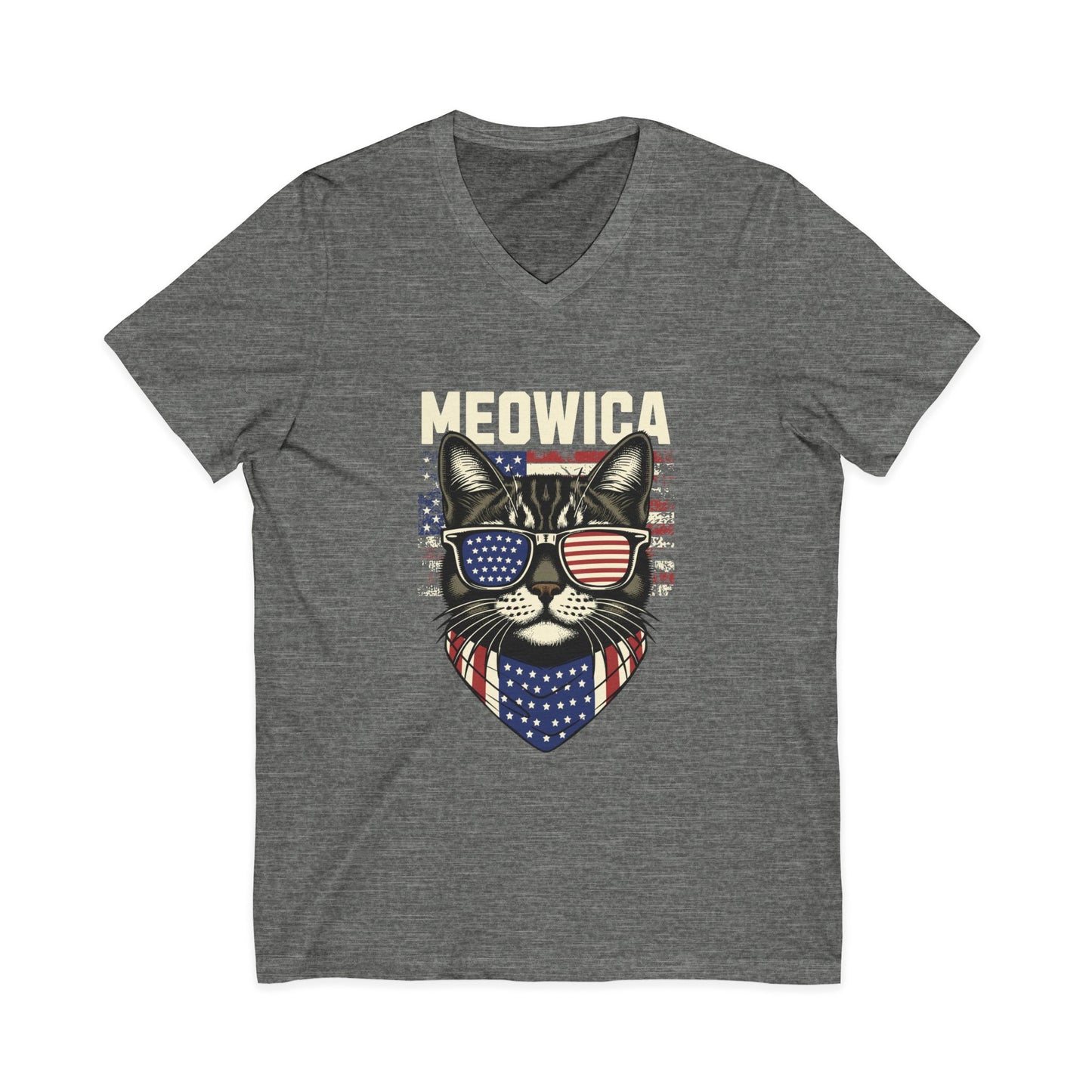 Patriotic Cat V-Neck Tee, Fun Animal T-Shirt, Unisex Style, Perfect for Fourth of July, Gift for Cat Lovers, Casual Summer Wear