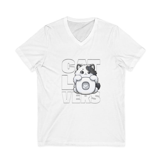 Adorable Cat Lovers Unisex Jersey V-Neck Tee, Cute Cat Shirt, Gift for Cat Owners, Pet Lover Apparel, Casual Everyday Wear, Cat-Themed Fashion