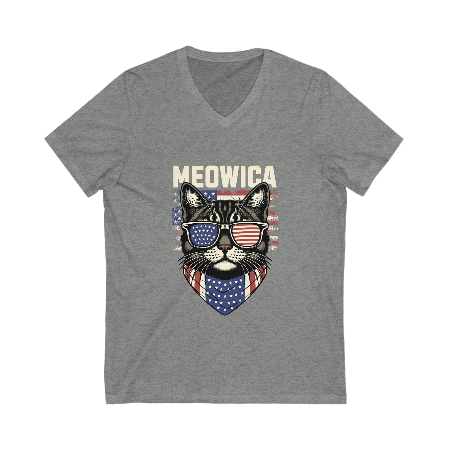 Patriotic Cat V-Neck Tee, Fun Animal T-Shirt, Unisex Style, Perfect for Fourth of July, Gift for Cat Lovers, Casual Summer Wear