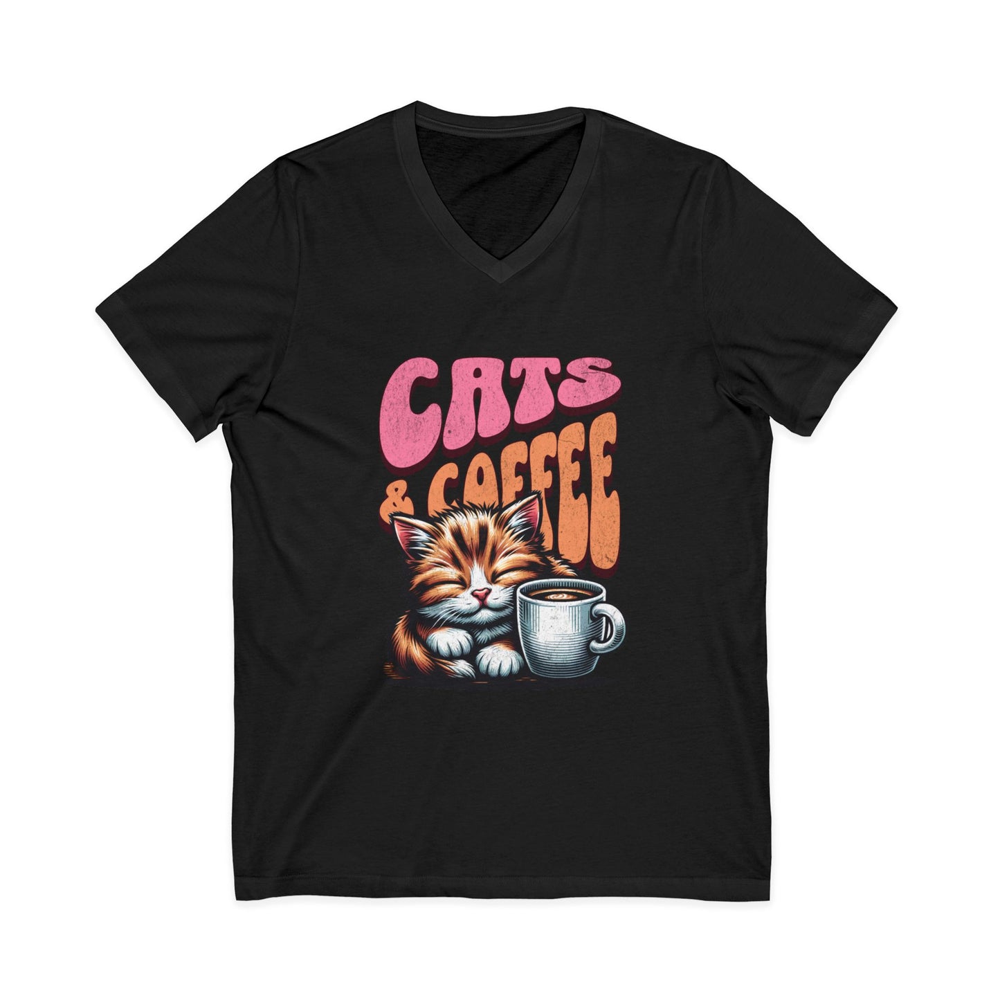 Cute Cat & Coffee Tee, Cat Lover Gift, Unisex V-Neck T-Shirt, Relaxed Vibe, Perfect for Coffee Lovers, Gift for Cat Parents