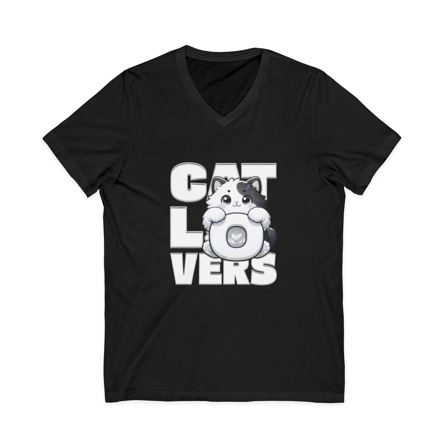 Adorable Cat Lovers Unisex Jersey V-Neck Tee, Cute Cat Shirt, Gift for Cat Owners, Pet Lover Apparel, Casual Everyday Wear, Cat-Themed Fashion