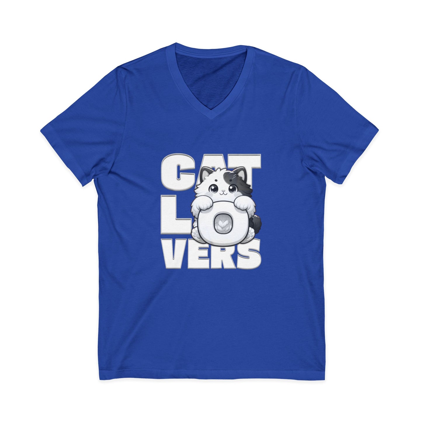 Adorable Cat Lovers Unisex Jersey V-Neck Tee, Cute Cat Shirt, Gift for Cat Owners, Pet Lover Apparel, Casual Everyday Wear, Cat-Themed Fashion
