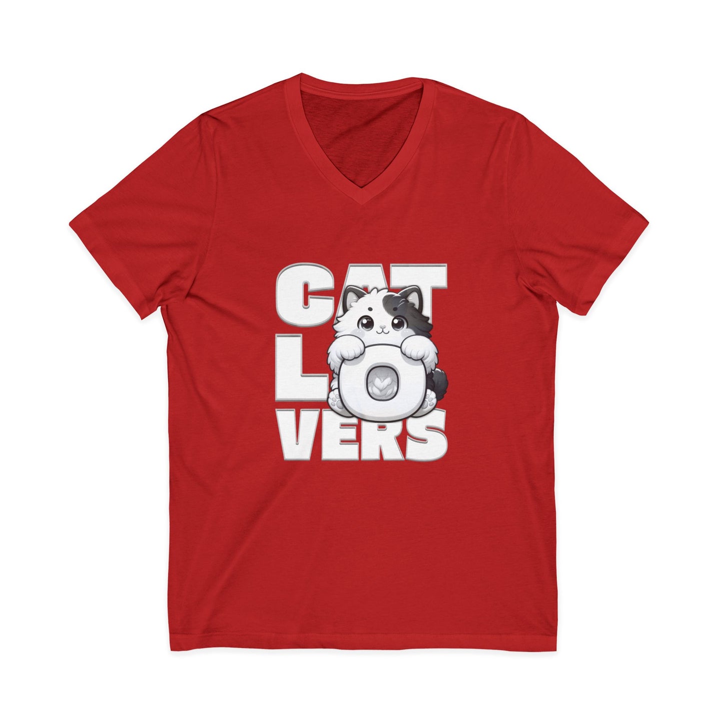 Adorable Cat Lovers Unisex Jersey V-Neck Tee, Cute Cat Shirt, Gift for Cat Owners, Pet Lover Apparel, Casual Everyday Wear, Cat-Themed Fashion