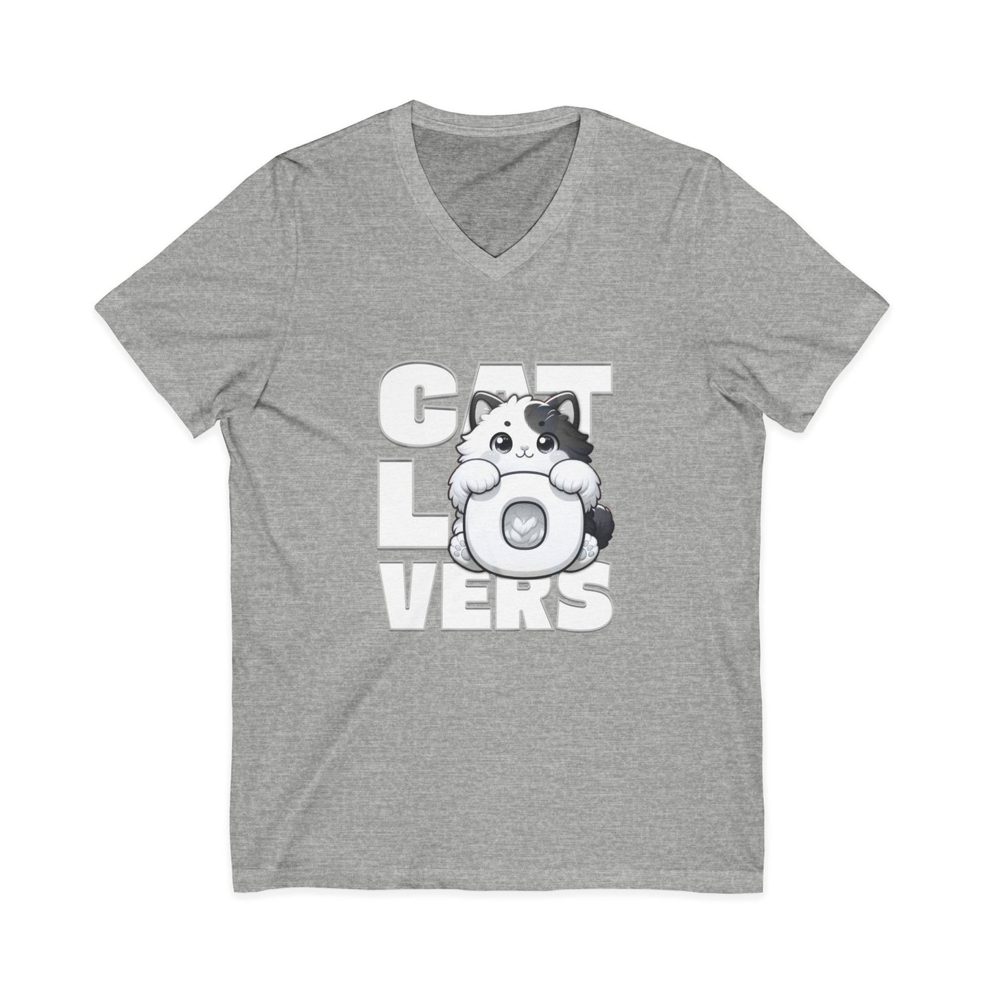 Adorable Cat Lovers Unisex Jersey V-Neck Tee, Cute Cat Shirt, Gift for Cat Owners, Pet Lover Apparel, Casual Everyday Wear, Cat-Themed Fashion