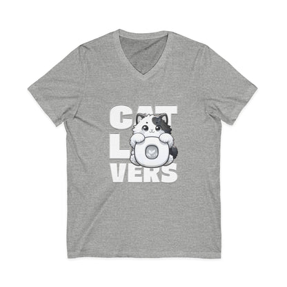 Adorable Cat Lovers Unisex Jersey V-Neck Tee, Cute Cat Shirt, Gift for Cat Owners, Pet Lover Apparel, Casual Everyday Wear, Cat-Themed Fashion