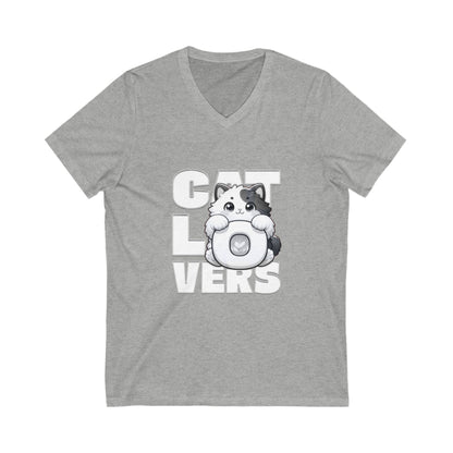 Adorable Cat Lovers Unisex V-Neck Tee, Cute Cat Shirt, Gift for Cat Owners, Pet Lover Apparel, Casual Everyday Wear, Cat-Themed Fashion