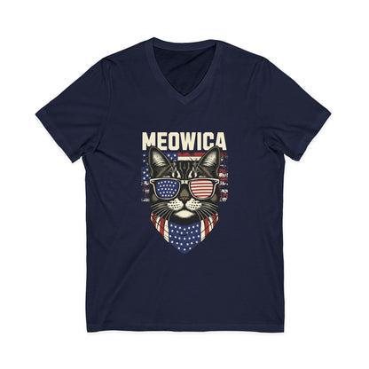 Patriotic Cat V-Neck Tee, Fun Animal T-Shirt, Unisex Style, Perfect for Fourth of July, Gift for Cat Lovers, Casual Summer Wear
