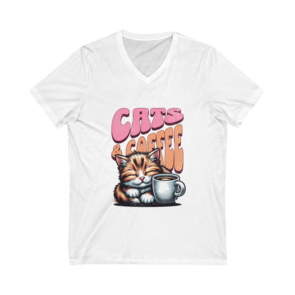 Cute Cat & Coffee Tee, Cat Lover Gift, Unisex V-Neck T-Shirt, Relaxed Vibe, Perfect for Coffee Lovers, Gift for Cat Parents