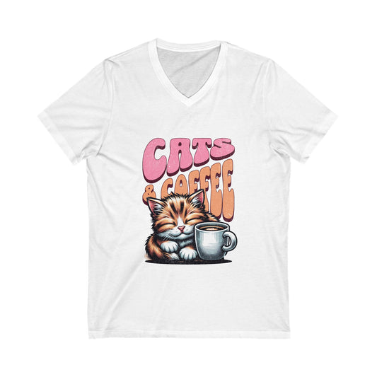 Cute Cat & Coffee Tee, Cat Lover Gift, Unisex V-Neck T-Shirt, Relaxed Vibe, Perfect for Coffee Lovers, Gift for Cat Parents