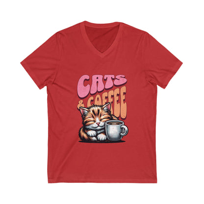 Cute Cat & Coffee Tee, Cat Lover Gift, Unisex V-Neck T-Shirt, Relaxed Vibe, Perfect for Coffee Lovers, Gift for Cat Parents