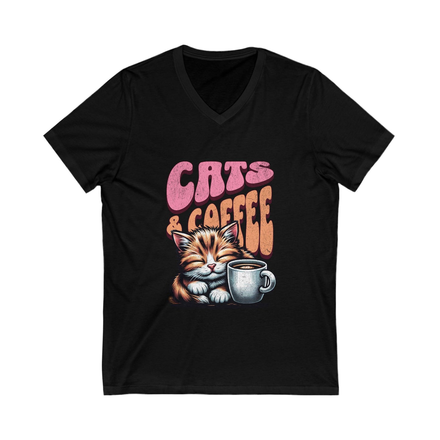 Cute Cat & Coffee Tee, Cat Lover Gift, Unisex V-Neck T-Shirt, Relaxed Vibe, Perfect for Coffee Lovers, Gift for Cat Parents