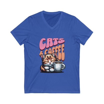 Cute Cat & Coffee Tee, Cat Lover Gift, Unisex V-Neck T-Shirt, Relaxed Vibe, Perfect for Coffee Lovers, Gift for Cat Parents