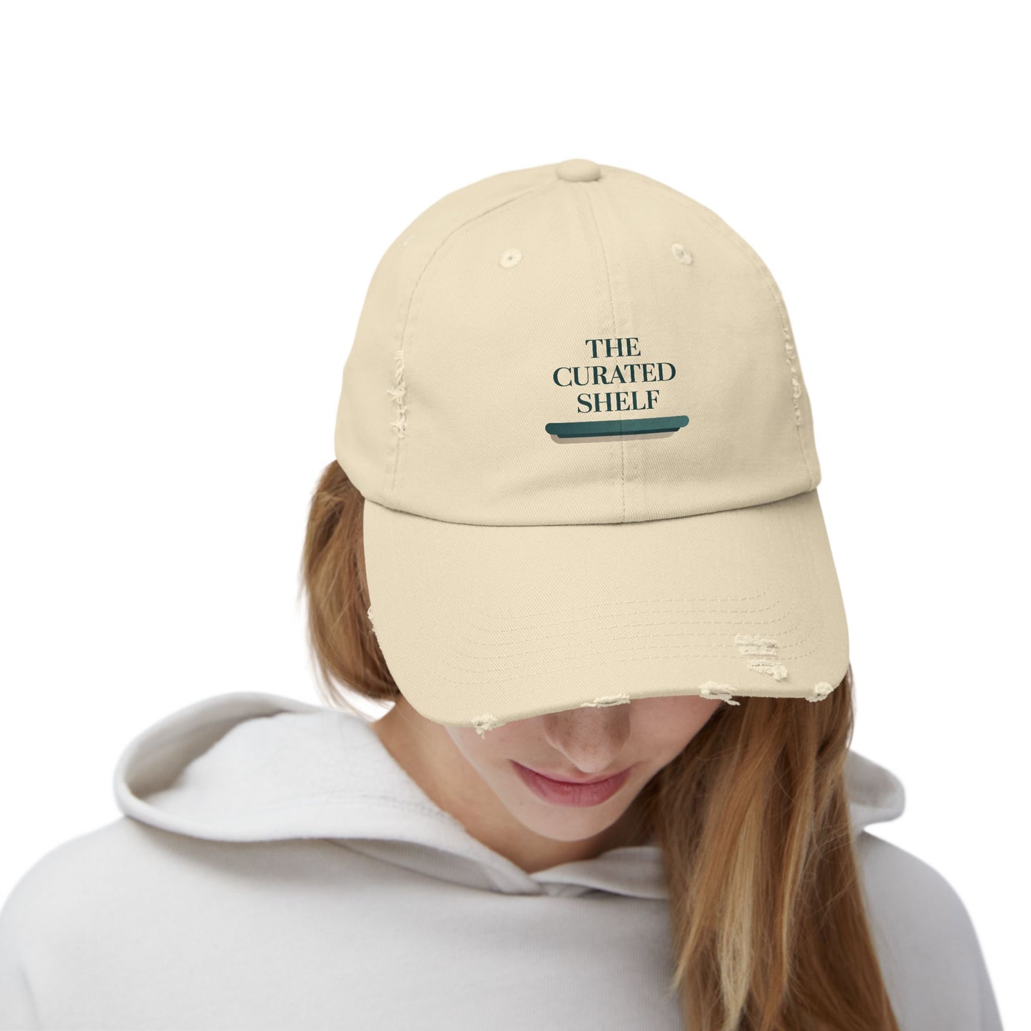 Unisex Distressed Cap with 'The Curated Shelf' Design - Casual Style for Everyday Wear, Perfect Gift for Friends, Athletes, Birthdays, [...]