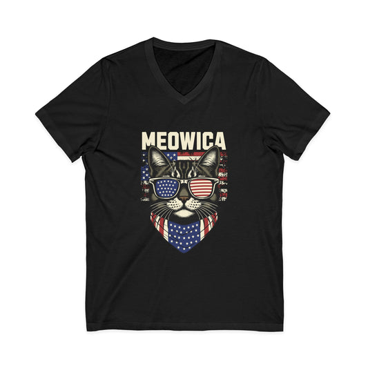 Patriotic Cat V-Neck Tee, Fun Animal T-Shirt, Unisex Style, Perfect for Fourth of July, Gift for Cat Lovers, Casual Summer Wear