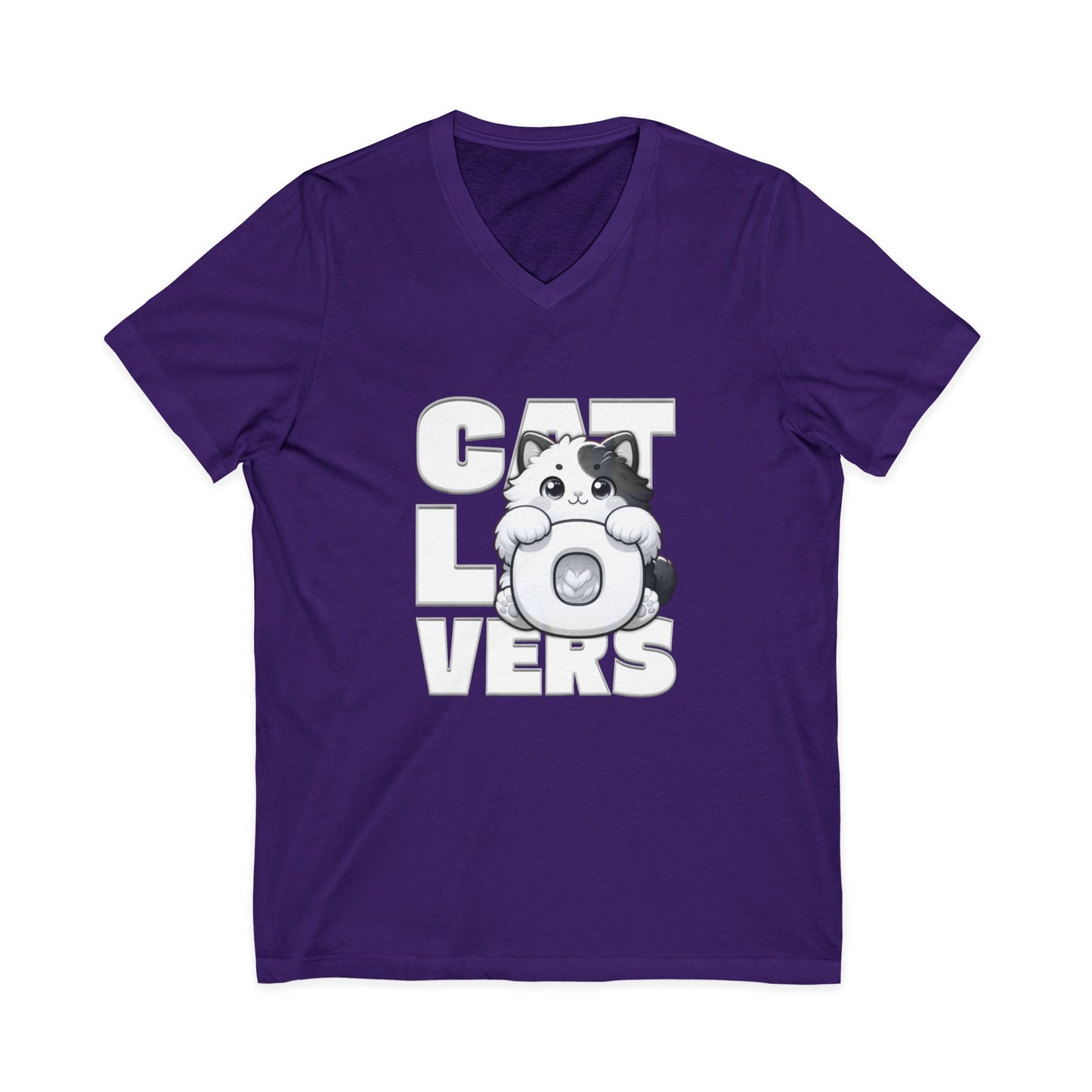 Adorable Cat Lovers Unisex Jersey V-Neck Tee, Cute Cat Shirt, Gift for Cat Owners, Pet Lover Apparel, Casual Everyday Wear, Cat-Themed Fashion