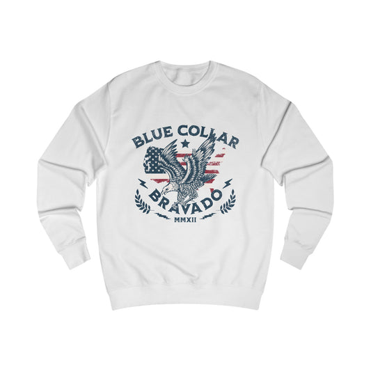 Unisex Sweater with Bold 'Blue Collar Bravado' Design, Casual Wear, Gift for Workers, Motivational Apparel, Patriotic Style