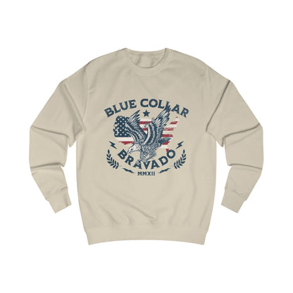 Unisex Sweater with Bold 'Blue Collar Bravado' Design, Casual Wear, Gift for Workers, Motivational Apparel, Patriotic Style