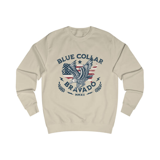 Unisex Sweater with Bold 'Blue Collar Bravado' Design, Casual Wear, Gift for Workers, Motivational Apparel, Patriotic Style