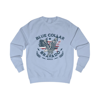 Unisex Sweater with Bold 'Blue Collar Bravado' Design, Casual Wear, Gift for Workers, Motivational Apparel, Patriotic Style