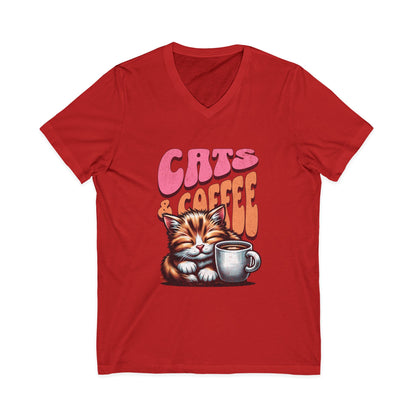 Cute Cat & Coffee Tee, Cat Lover Gift, Unisex V-Neck T-Shirt, Relaxed Vibe, Perfect for Coffee Lovers, Gift for Cat Parents