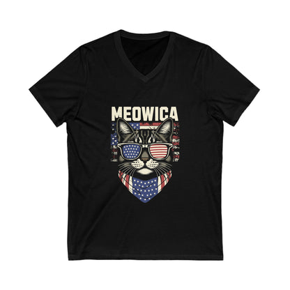 Patriotic Cat V-Neck Tee, Fun Animal T-Shirt, Unisex Style, Perfect for Fourth of July, Gift for Cat Lovers, Casual Summer Wear