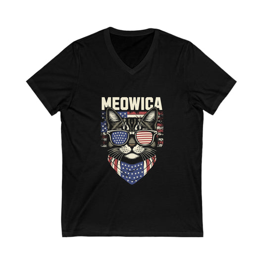 Patriotic Cat V-Neck Tee, Fun Animal T-Shirt, Unisex Style, Perfect for Fourth of July, Gift for Cat Lovers, Casual Summer Wear