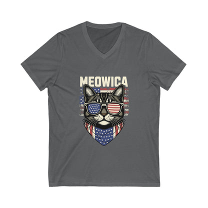 Patriotic Cat V-Neck Tee, Fun Animal T-Shirt, Unisex Style, Perfect for Fourth of July, Gift for Cat Lovers, Casual Summer Wear