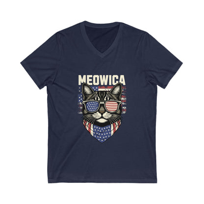 Patriotic Cat V-Neck Tee, Fun Animal T-Shirt, Unisex Style, Perfect for Fourth of July, Gift for Cat Lovers, Casual Summer Wear