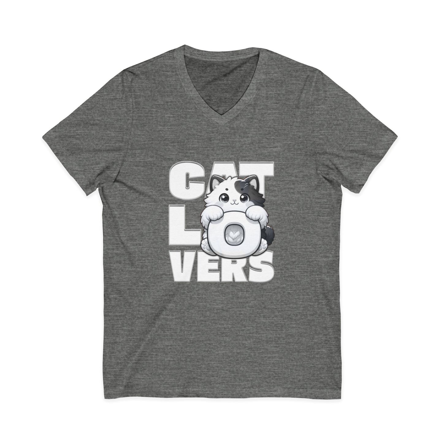 Adorable Cat Lovers Unisex Jersey V-Neck Tee, Cute Cat Shirt, Gift for Cat Owners, Pet Lover Apparel, Casual Everyday Wear, Cat-Themed Fashion