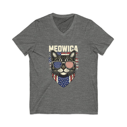 Patriotic Cat V-Neck Tee, Fun Animal T-Shirt, Unisex Style, Perfect for Fourth of July, Gift for Cat Lovers, Casual Summer Wear