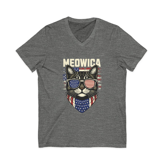 Patriotic Cat V-Neck Tee, Fun Animal T-Shirt, Unisex Style, Perfect for Fourth of July, Gift for Cat Lovers, Casual Summer Wear