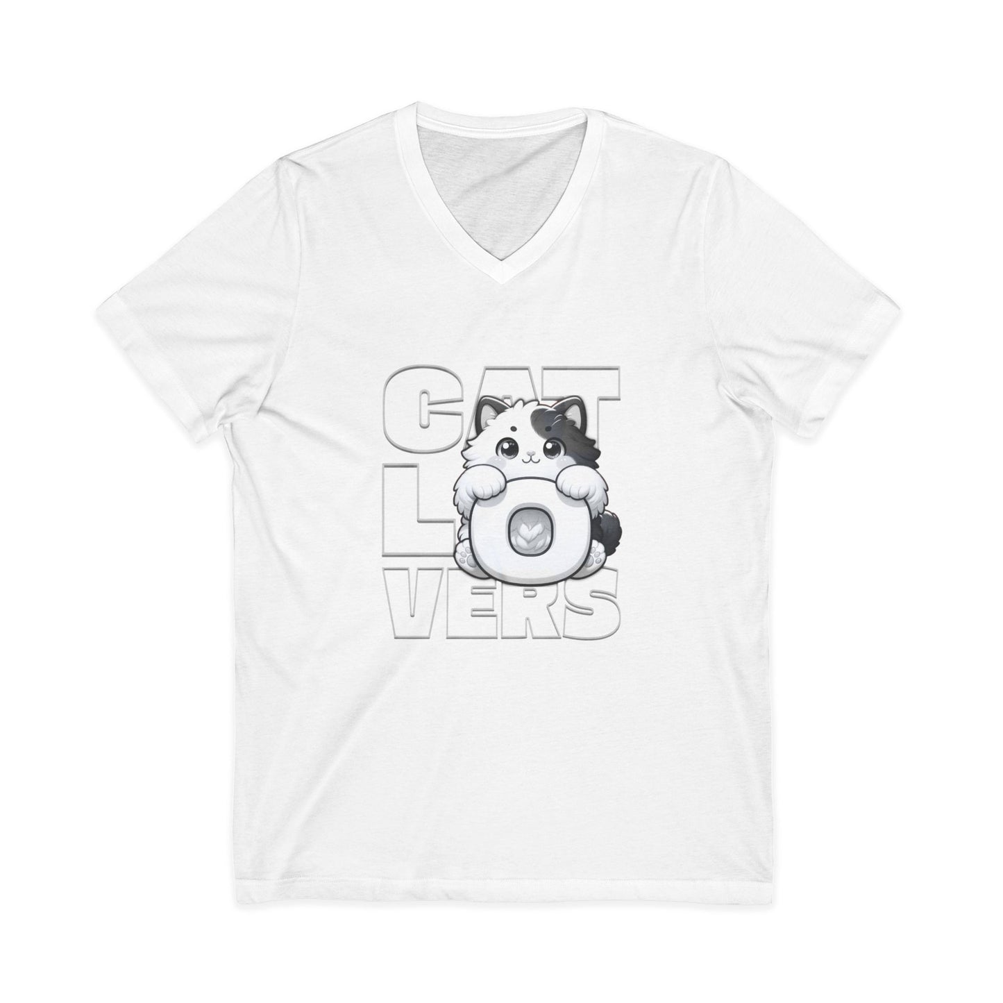 Adorable Cat Lovers Unisex Jersey V-Neck Tee, Cute Cat Shirt, Gift for Cat Owners, Pet Lover Apparel, Casual Everyday Wear, Cat-Themed Fashion