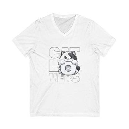 Adorable Cat Lovers Unisex Jersey V-Neck Tee, Cute Cat Shirt, Gift for Cat Owners, Pet Lover Apparel, Casual Everyday Wear, Cat-Themed Fashion